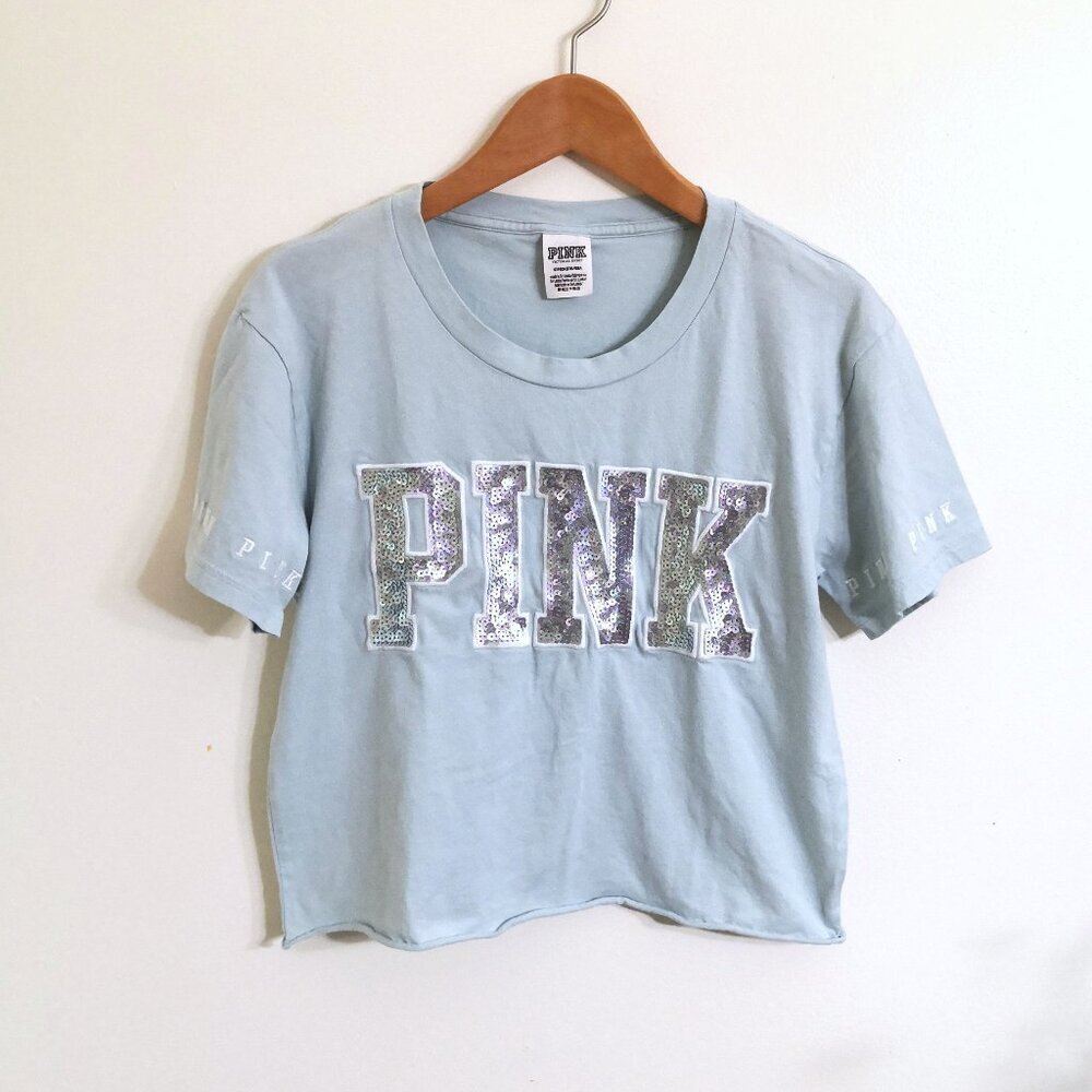 PINK Victoria's Secret‎ Cotton Cropped Sequin Top Light Blue Size S